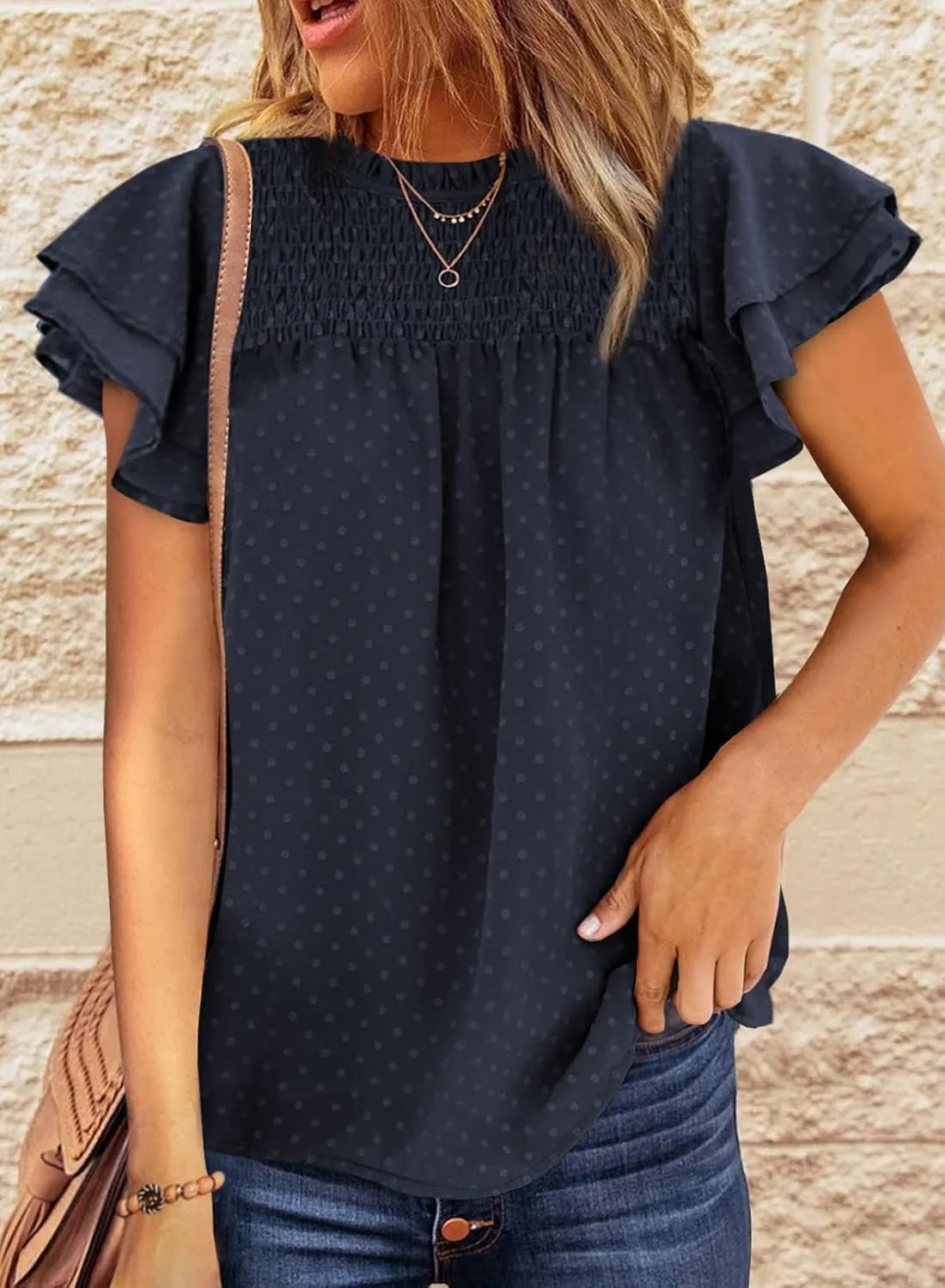 Dokotoo Womens Crewneck Lace Crochet Pom Pom Flowy Short Sleeve Casual Shirts Blouses Tops