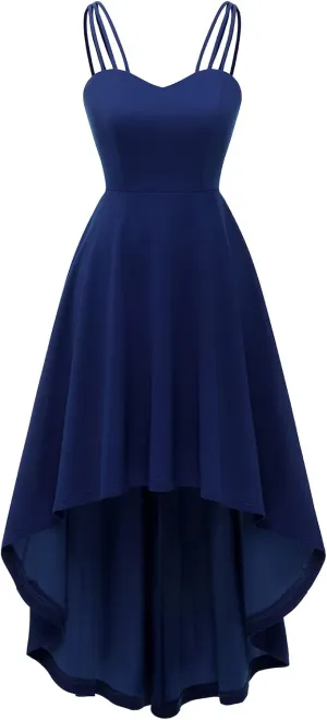 DRESSTELLS Cocktail Formal High Low Dresses - Women's Strap Design for Wedding Guest Dress, Bridesmaid & Summer Beach Party Navy L2