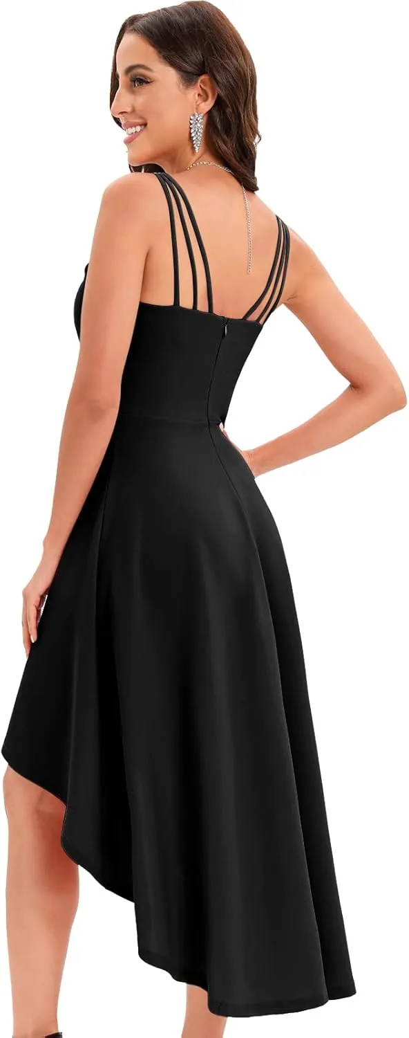 DRESSTELLS Women's Hi-Low Spaghetti Strap Dresses Summer Fit Flare Cocktail Wedding Guest Bridesmaid Dress
