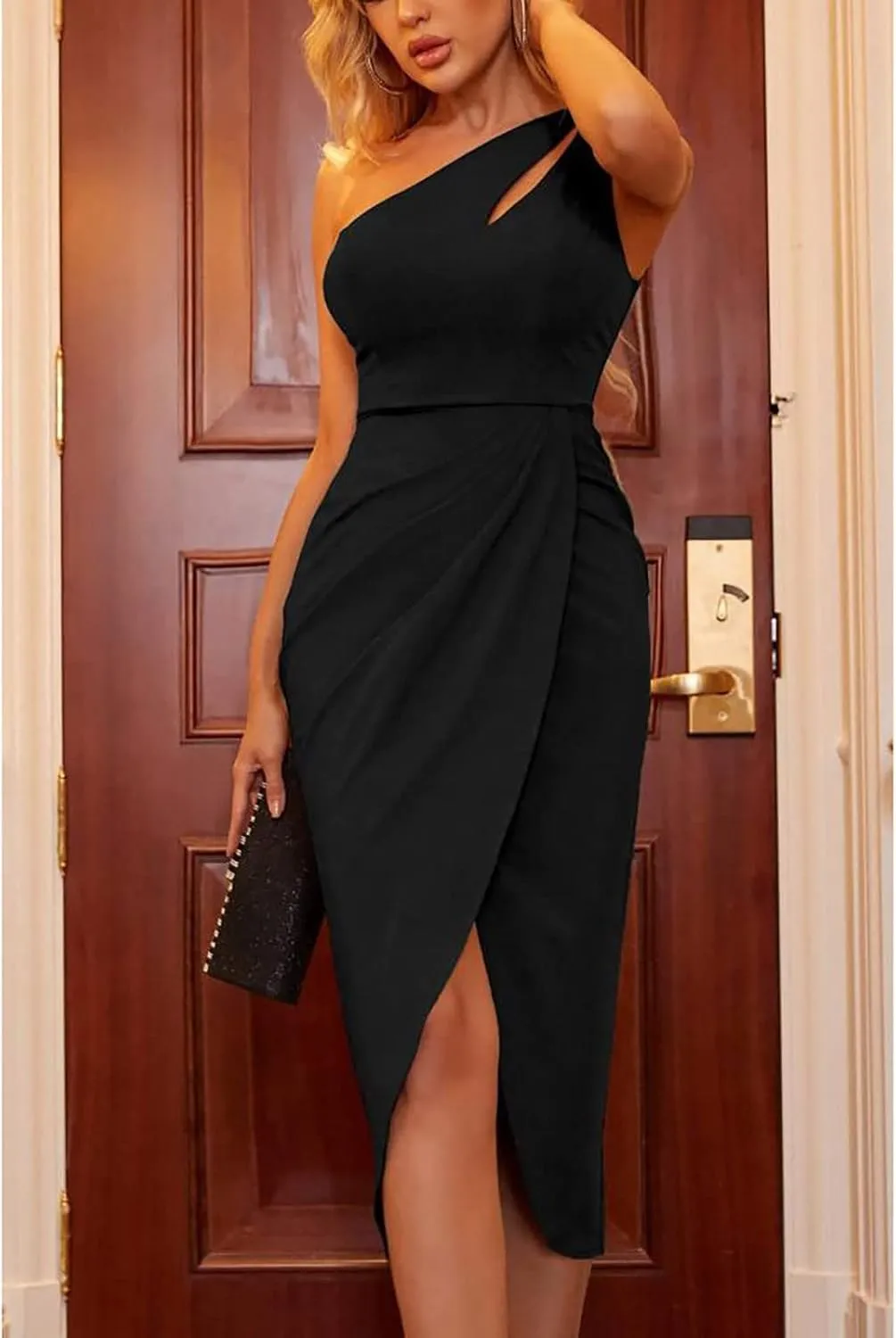 Elegant Dresses for Women One Shoulder Sleeveless Hollow Out Midi Skirts Casual Round Neck Dress Cocktail Business