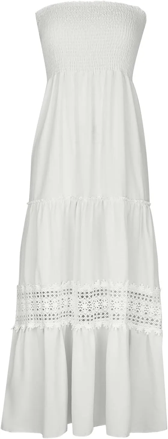 Elegant Midi Skirts for Women Fashion Off Shoulder Dress Sleeveless Lace Printed Hollow Out Dress Crewneck Party