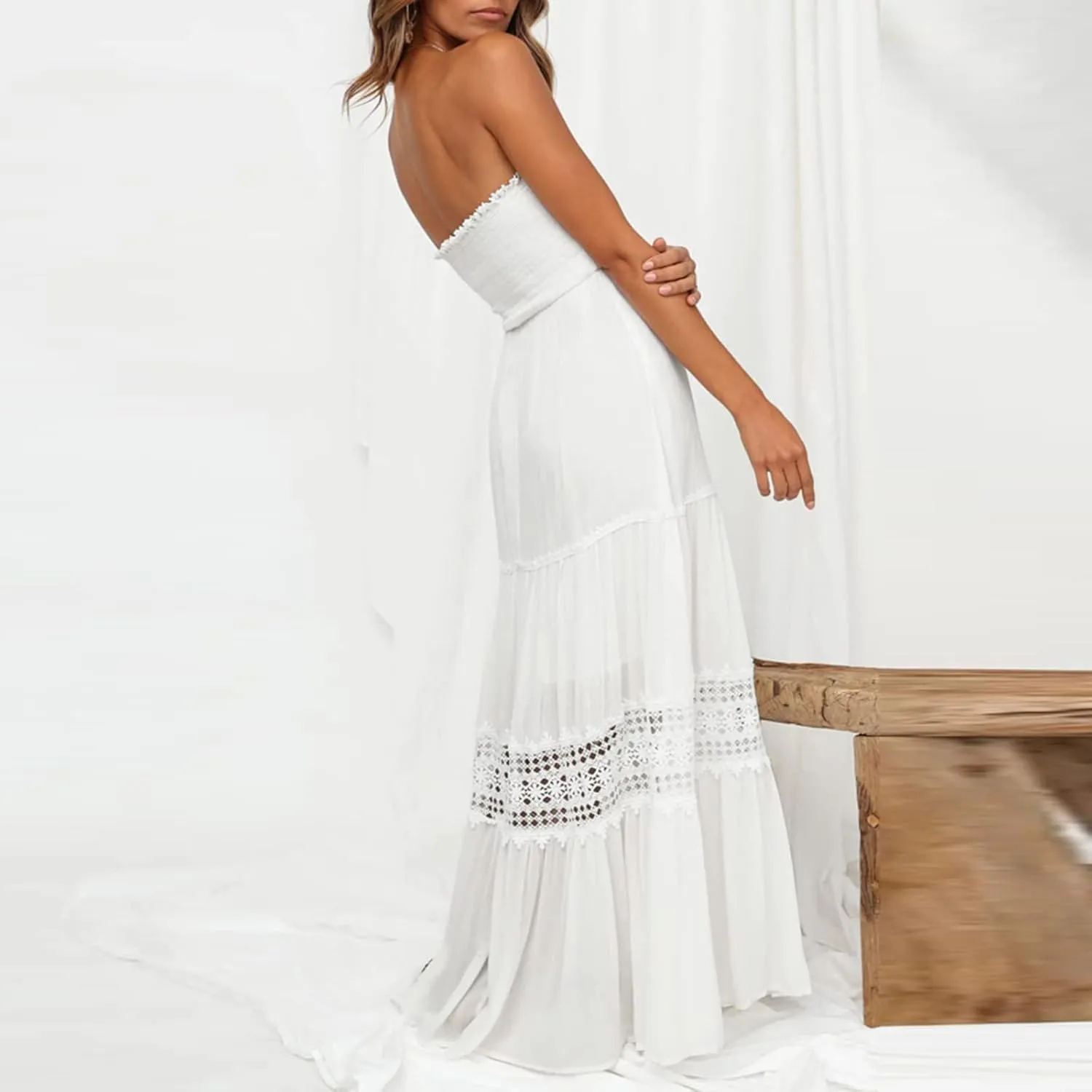 Elegant Midi Skirts for Women Fashion Off Shoulder Dress Sleeveless Lace Printed Hollow Out Dress Crewneck Party