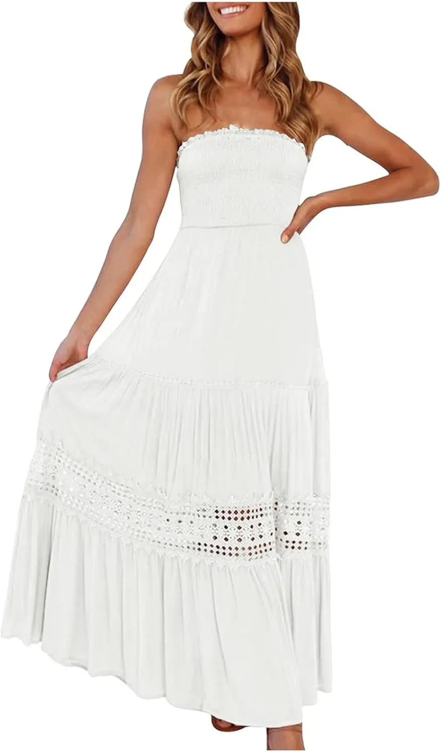 Elegant Midi Skirts for Women Fashion Off Shoulder Dress Sleeveless Lace Printed Hollow Out Dress Crewneck Party
