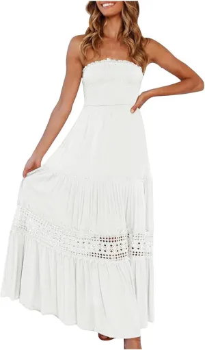 Elegant Midi Skirts for Women Fashion Off Shoulder Dress Sleeveless Lace Printed Hollow Out Dress Crewneck Party