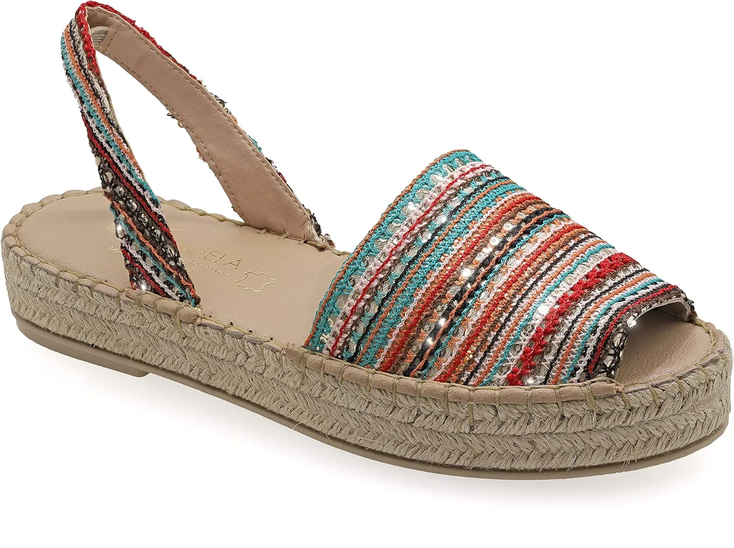 Emmanuela Colourful Knitted Fabric Espadrilles, Medium Wedge Slingback Boho Chic Summer Shoes, Slip on Peep Toe Espadrilles Totally Handmade and Hand Stiched in Greece