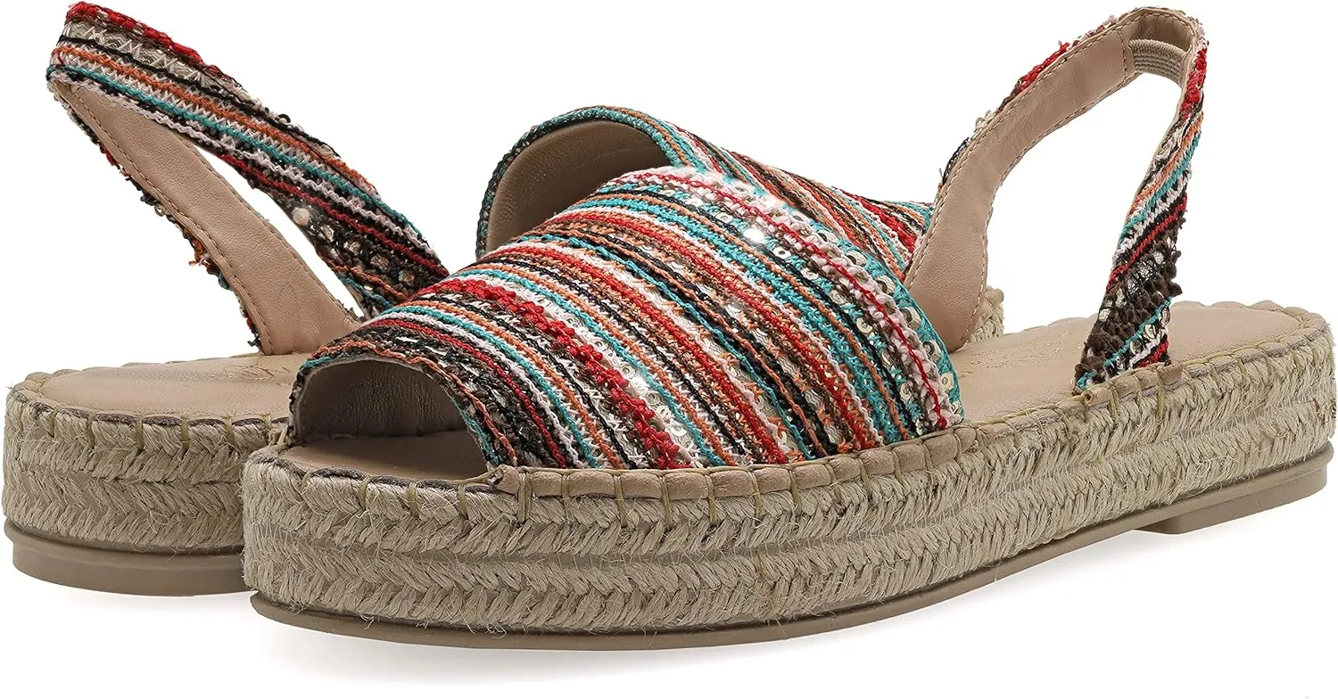 Emmanuela Colourful Knitted Fabric Espadrilles, Medium Wedge Slingback Boho Chic Summer Shoes, Slip on Peep Toe Espadrilles Totally Handmade and Hand Stiched in Greece