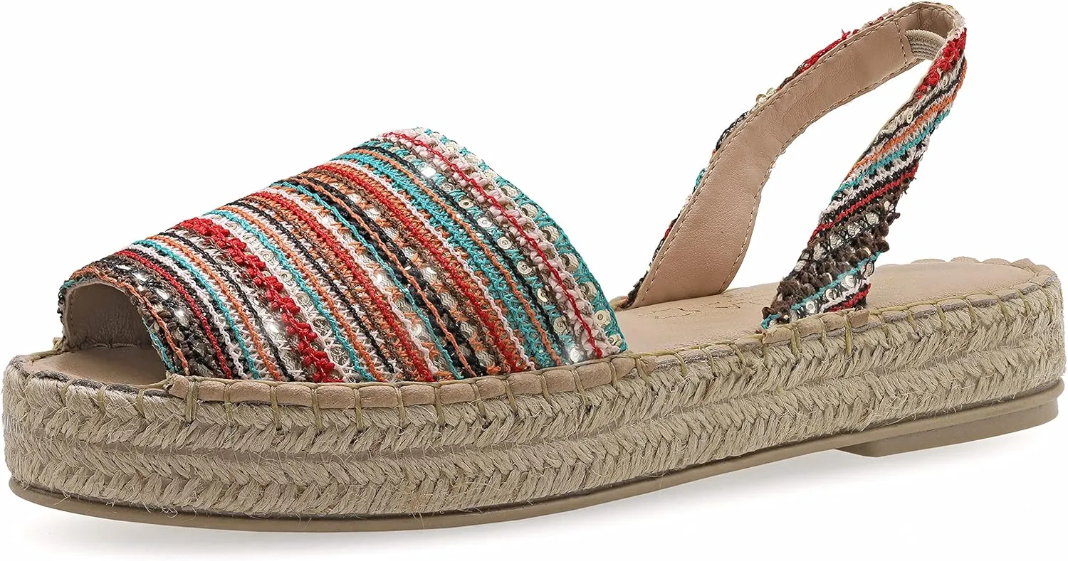 Emmanuela Colourful Knitted Fabric Espadrilles, Medium Wedge Slingback Boho Chic Summer Shoes, Slip on Peep Toe Espadrilles Totally Handmade and Hand Stiched in Greece