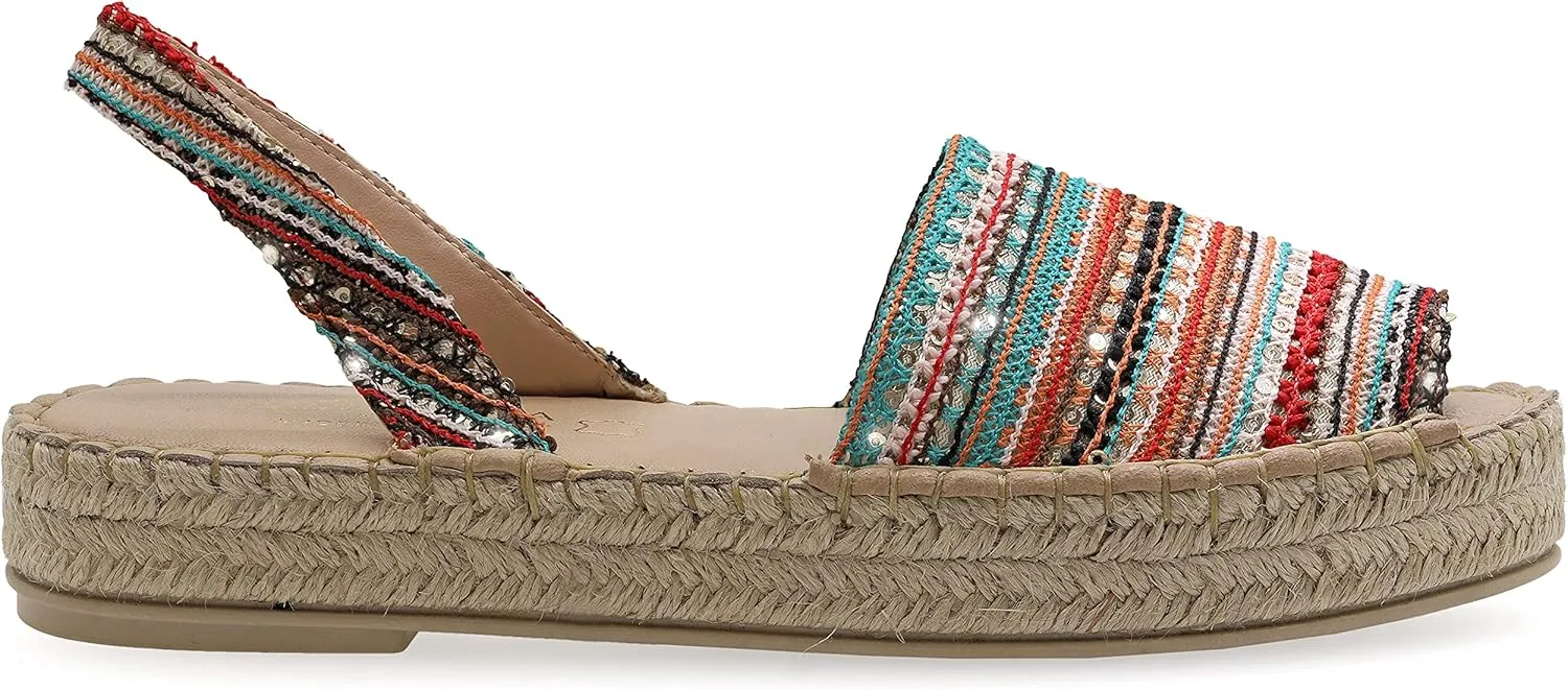 Emmanuela Colourful Knitted Fabric Espadrilles, Medium Wedge Slingback Boho Chic Summer Shoes, Slip on Peep Toe Espadrilles Totally Handmade and Hand Stiched in Greece