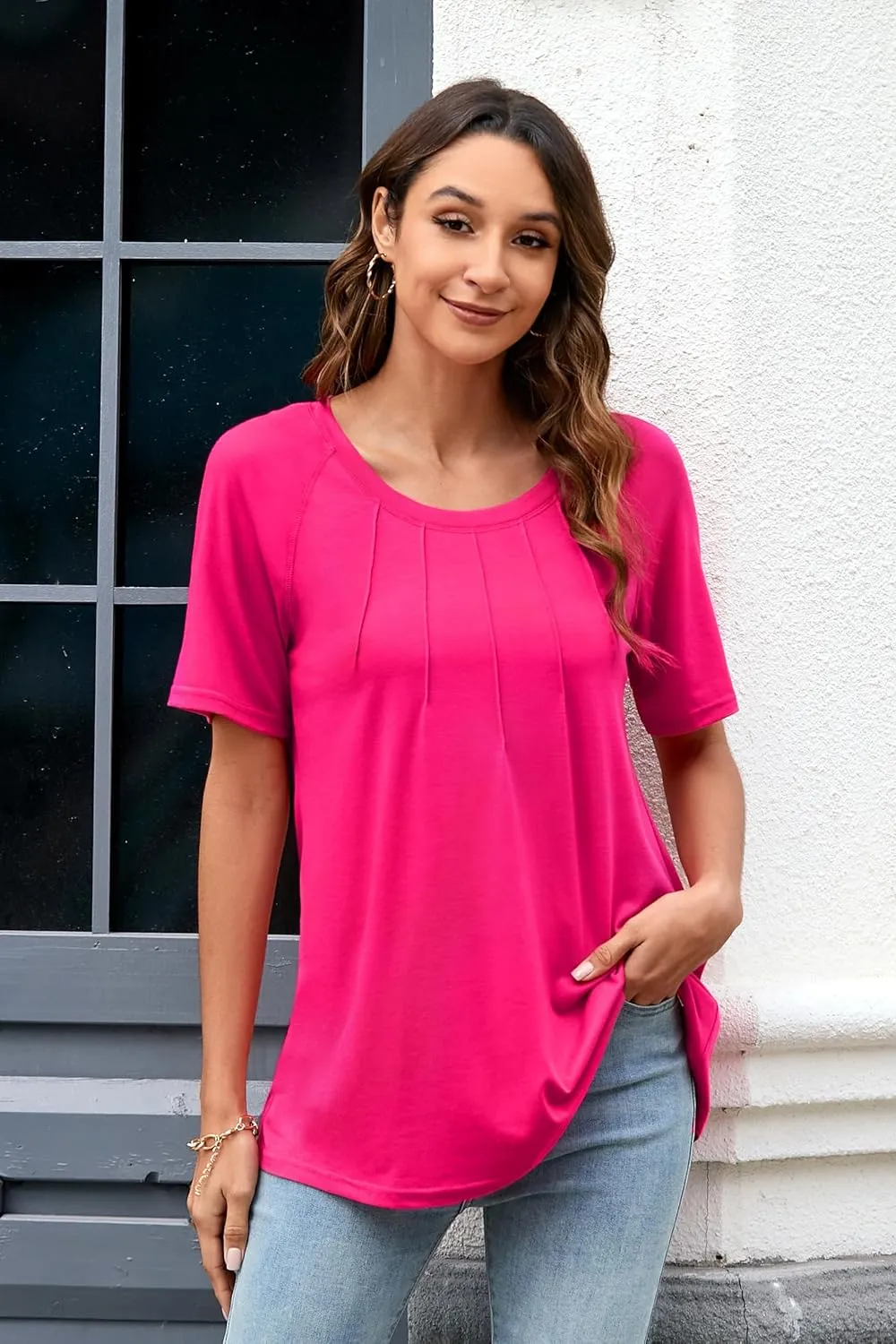 ENMAIN Womens Casual Crewneck T-Shirts Rolled Short Sleeve Basic Tee Shirts Elastic Hem Summer Tops