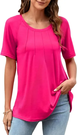 ENMAIN Womens Casual Crewneck T-Shirts Rolled Short Sleeve Basic Tee Shirts Elastic Hem Summer Tops
