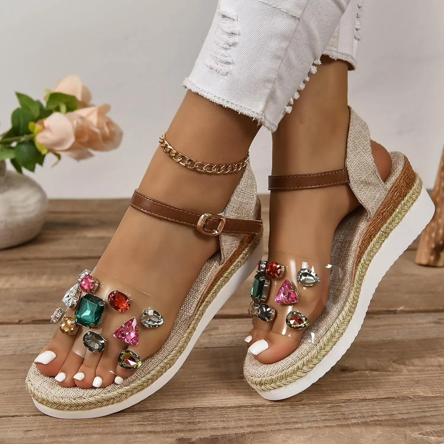 Espadrille Wedge Sandal for Women Open Toe Heeled Sandals Slip on Rhinestone Clear Platform Heels with Buckle Strap