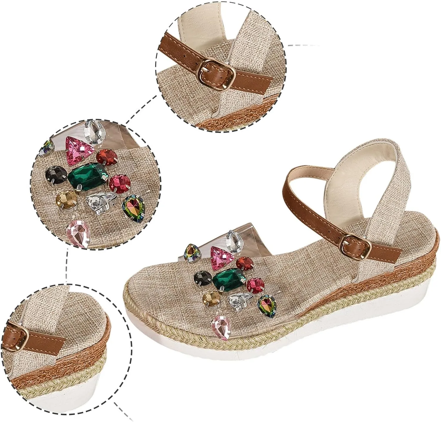 Espadrille Wedge Sandal for Women Open Toe Heeled Sandals Slip on Rhinestone Clear Platform Heels with Buckle Strap