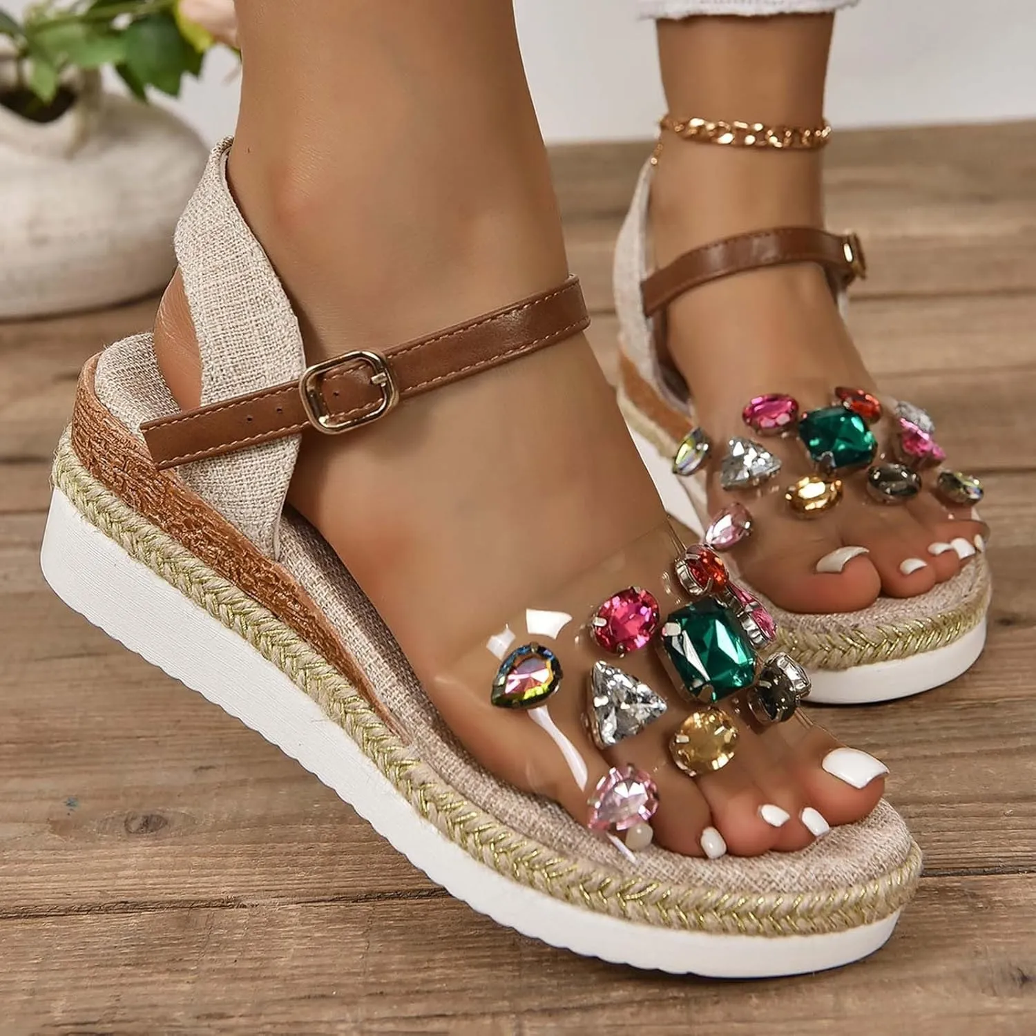 Espadrille Wedge Sandal for Women Open Toe Heeled Sandals Slip on Rhinestone Clear Platform Heels with Buckle Strap