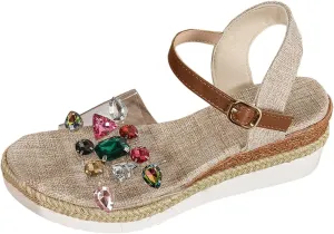 Espadrille Wedge Sandal for Women Open Toe Heeled Sandals Slip on Rhinestone Clear Platform Heels with Buckle Strap