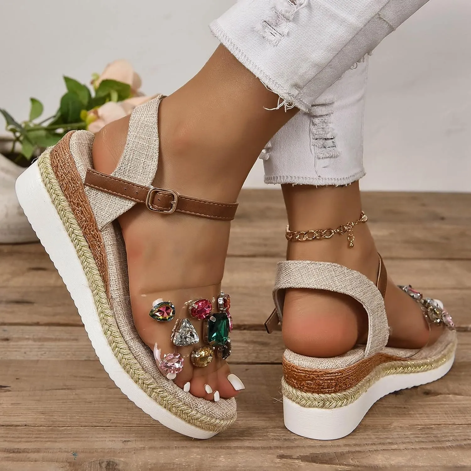 Espadrille Wedge Sandal for Women Open Toe Heeled Sandals Slip on Rhinestone Clear Platform Heels with Buckle Strap