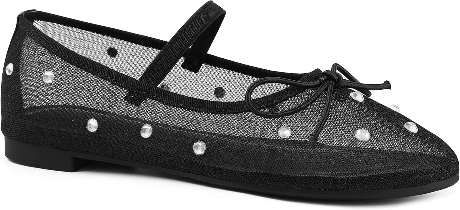 Eteridrey Mesh Ballet Flats Shoes Round Toe Flats for Women Elastic Strap Ballerina Flats Glitter Rhinestone Mary Jane Flats Slip On Bow Wedding Dress Shoes Comfortable Casual Office Walking Shoes