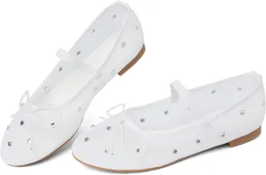 Eteridrey Mesh Ballet Flats Shoes Round Toe Flats for Women Elastic Strap Ballerina Flats Glitter Rhinestone Mary Jane Flats Slip On Bow Wedding Dress Shoes Comfortable Casual Office Walking Shoes