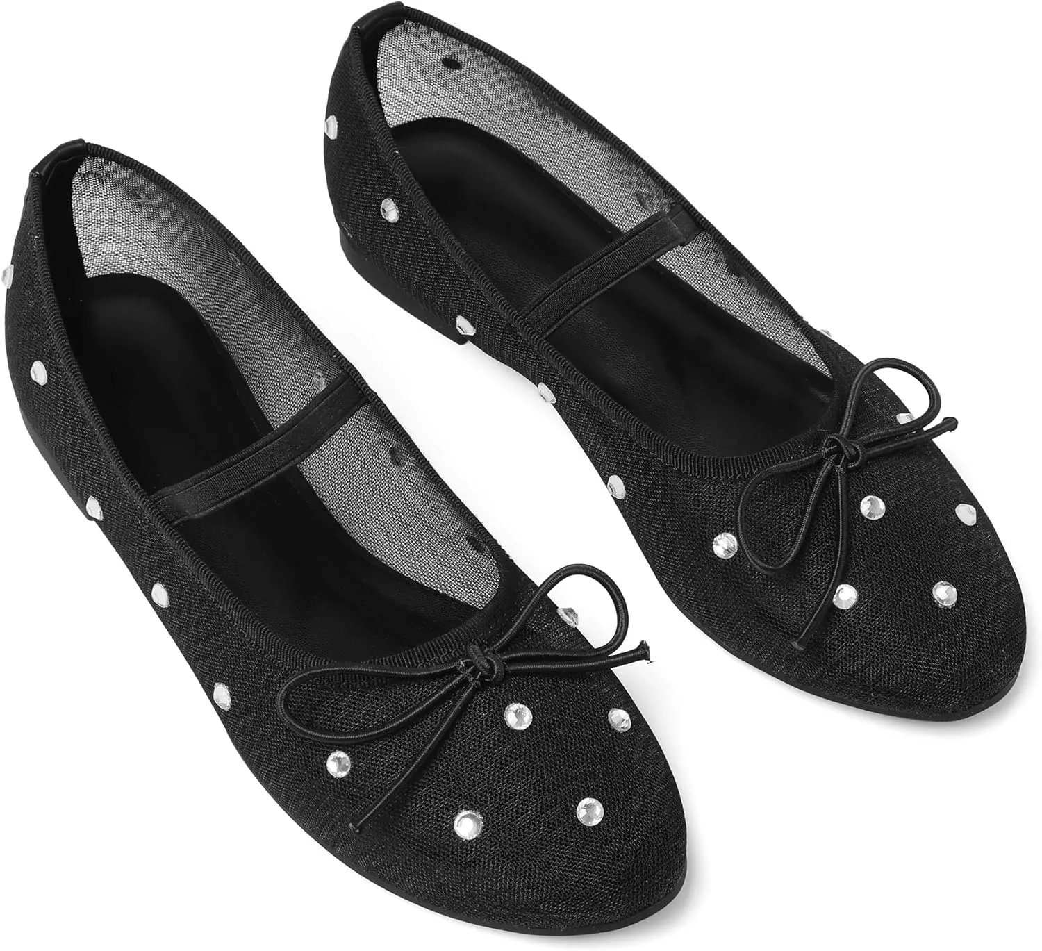 Eteridrey Mesh Ballet Flats Shoes Round Toe Flats for Women Elastic Strap Ballerina Flats Glitter Rhinestone Mary Jane Flats Slip On Bow Wedding Dress Shoes Comfortable Casual Office Walking Shoes