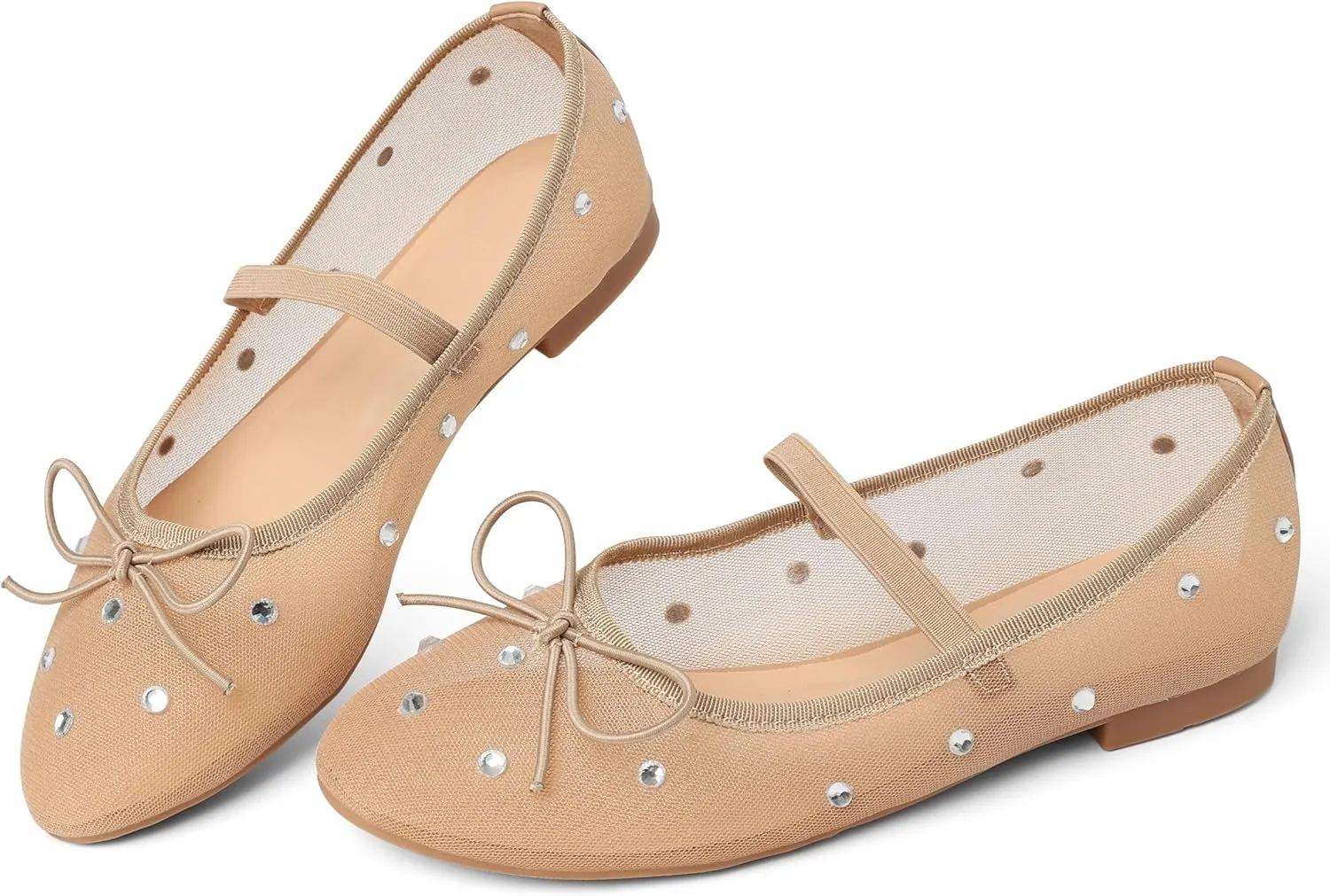 Eteridrey Mesh Ballet Flats Shoes Round Toe Flats for Women Elastic Strap Ballerina Flats Glitter Rhinestone Mary Jane Flats Slip On Bow Wedding Dress Shoes Comfortable Casual Office Walking Shoes