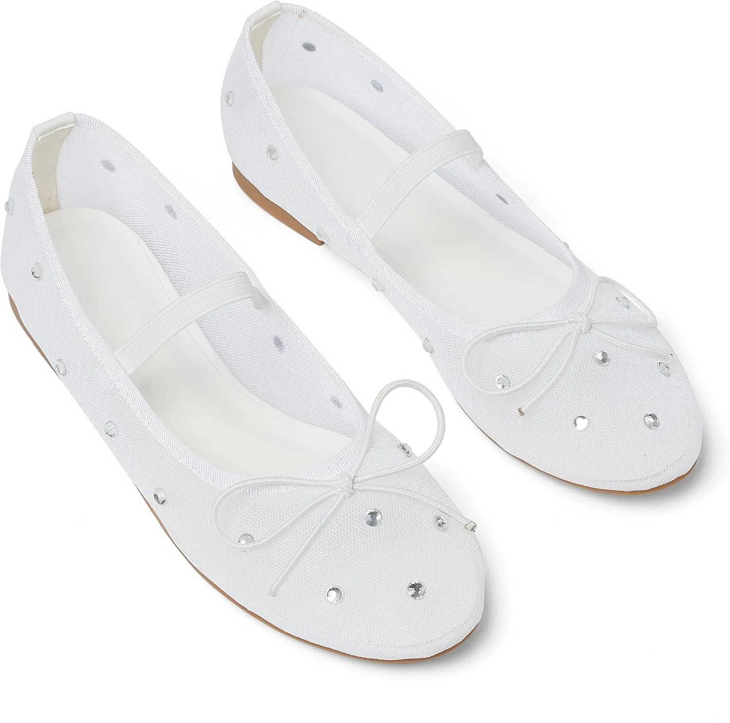 Eteridrey Mesh Ballet Flats Shoes Round Toe Flats for Women Elastic Strap Ballerina Flats Glitter Rhinestone Mary Jane Flats Slip On Bow Wedding Dress Shoes Comfortable Casual Office Walking Shoes