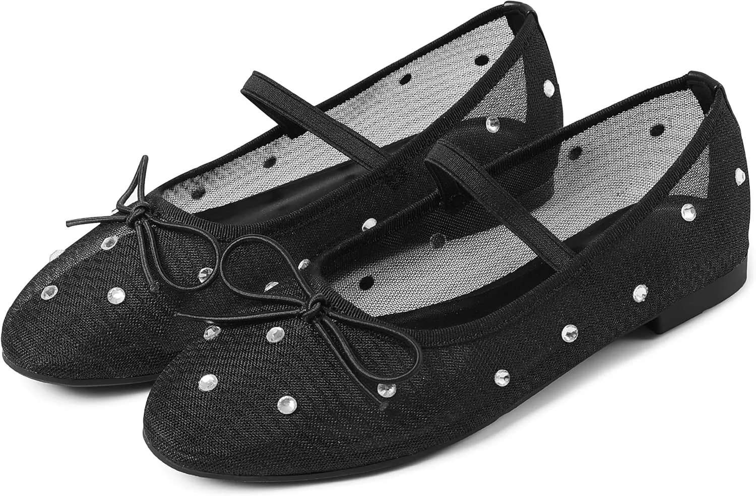Eteridrey Mesh Ballet Flats Shoes Round Toe Flats for Women Elastic Strap Ballerina Flats Glitter Rhinestone Mary Jane Flats Slip On Bow Wedding Dress Shoes Comfortable Casual Office Walking Shoes