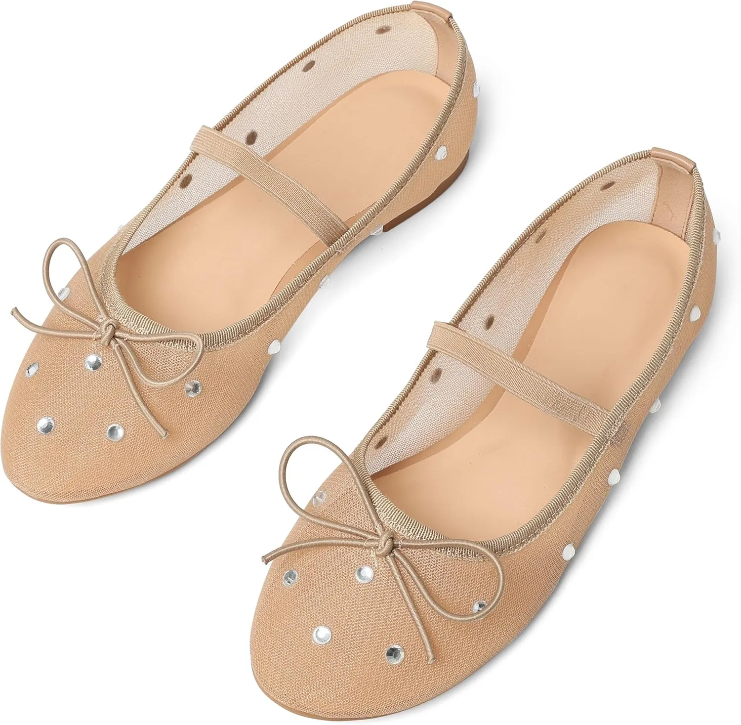 Eteridrey Mesh Ballet Flats Shoes Round Toe Flats for Women Elastic Strap Ballerina Flats Glitter Rhinestone Mary Jane Flats Slip On Bow Wedding Dress Shoes Comfortable Casual Office Walking Shoes