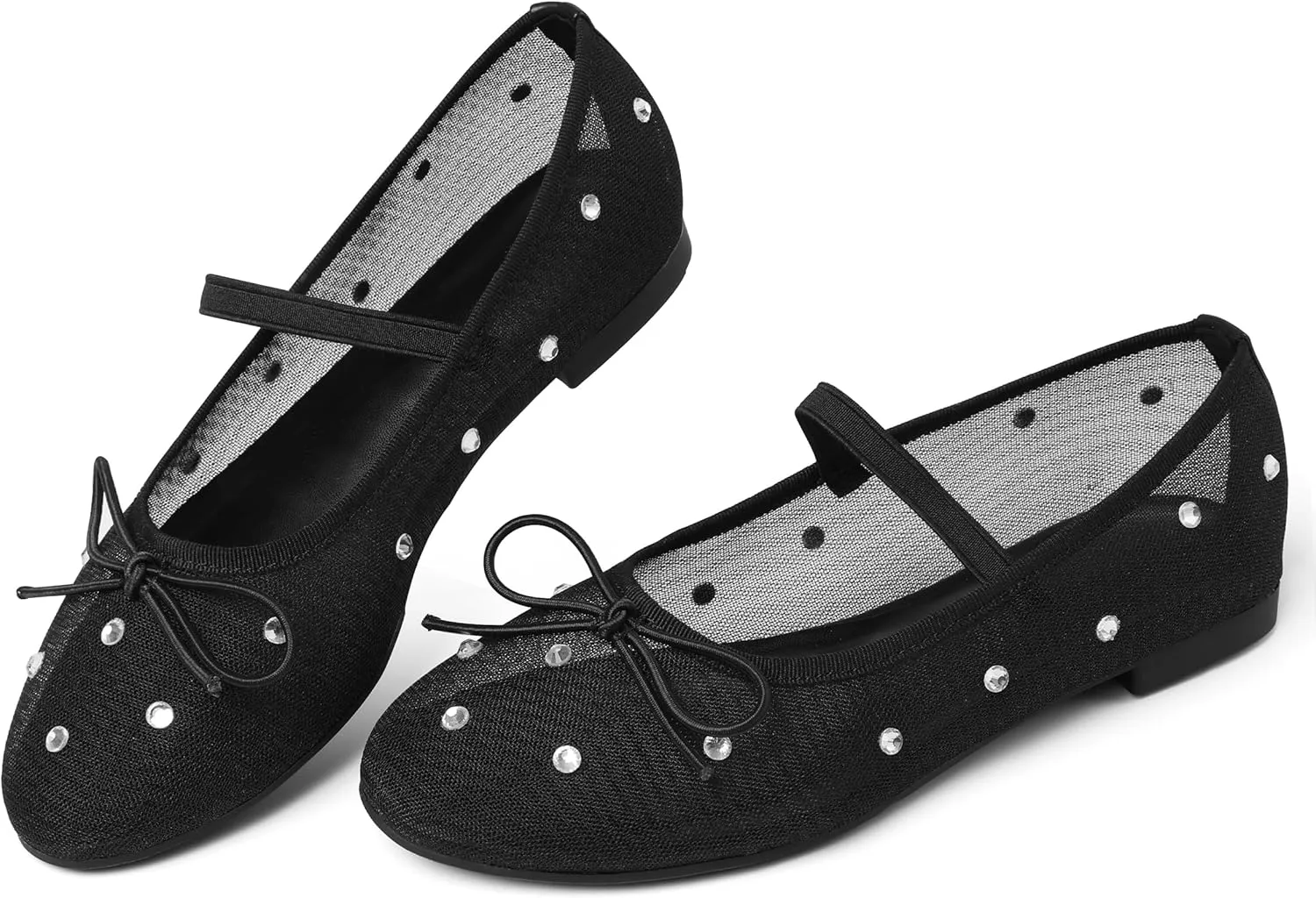 Eteridrey Mesh Ballet Flats Shoes Round Toe Flats for Women Elastic Strap Ballerina Flats Glitter Rhinestone Mary Jane Flats Slip On Bow Wedding Dress Shoes Comfortable Casual Office Walking Shoes
