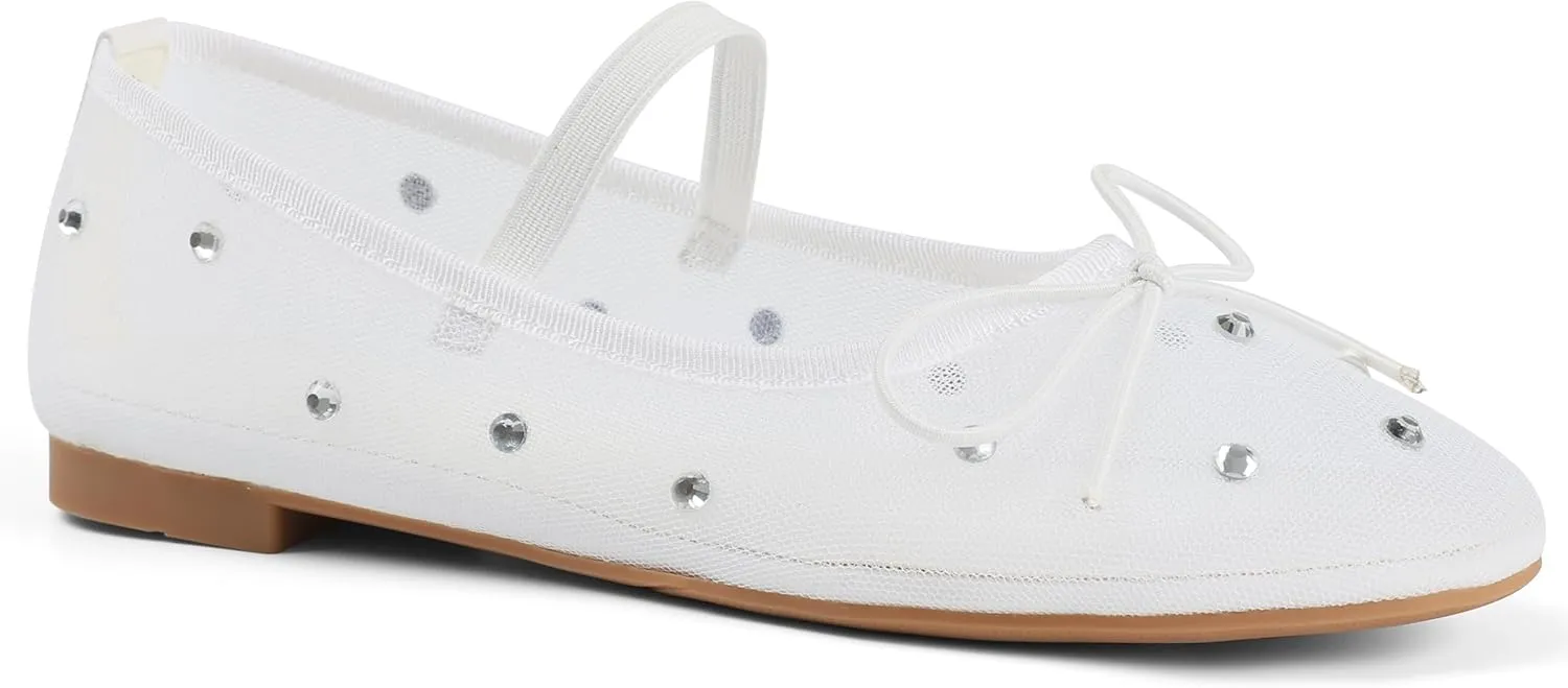 Eteridrey Mesh Ballet Flats Shoes Round Toe Flats for Women Elastic Strap Ballerina Flats Glitter Rhinestone Mary Jane Flats Slip On Bow Wedding Dress Shoes Comfortable Casual Office Walking Shoes