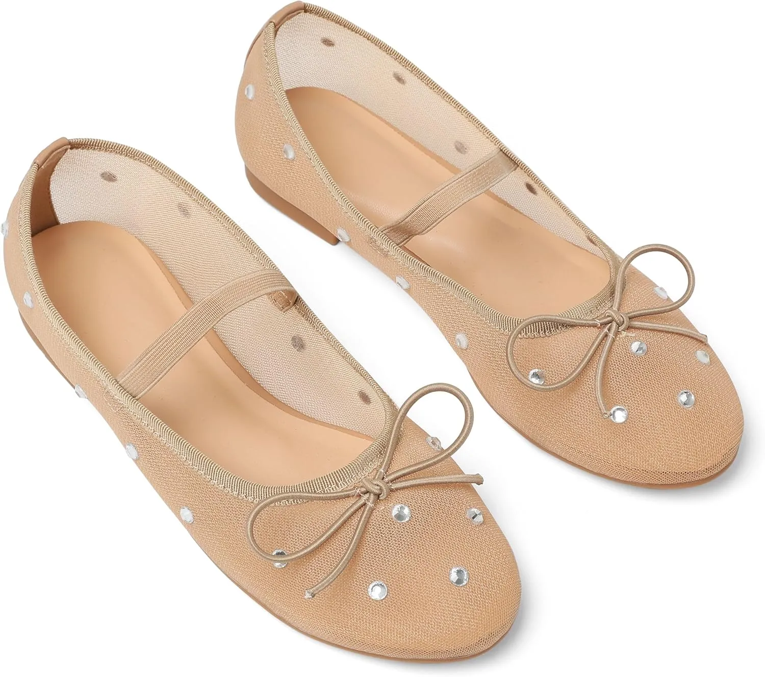 Eteridrey Mesh Ballet Flats Shoes Round Toe Flats for Women Elastic Strap Ballerina Flats Glitter Rhinestone Mary Jane Flats Slip On Bow Wedding Dress Shoes Comfortable Casual Office Walking Shoes