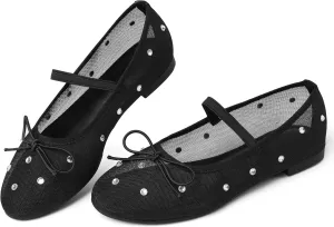 Eteridrey Mesh Ballet Flats Shoes Round Toe Flats for Women Elastic Strap Ballerina Flats Glitter Rhinestone Mary Jane Flats Slip On Bow Wedding Dress Shoes Comfortable Casual Office Walking Shoes