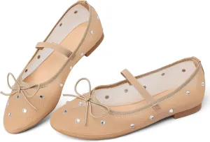 Eteridrey Mesh Ballet Flats Shoes Round Toe Flats for Women Elastic Strap Ballerina Flats Glitter Rhinestone Mary Jane Flats Slip On Bow Wedding Dress Shoes Comfortable Casual Office Walking Shoes