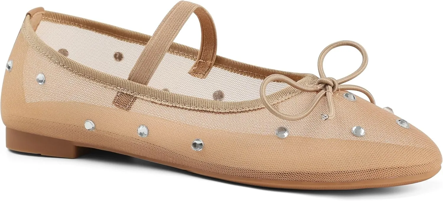 Eteridrey Mesh Ballet Flats Shoes Round Toe Flats for Women Elastic Strap Ballerina Flats Glitter Rhinestone Mary Jane Flats Slip On Bow Wedding Dress Shoes Comfortable Casual Office Walking Shoes