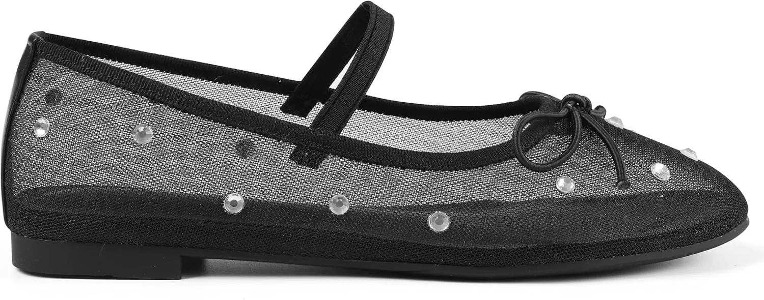 Eteridrey Mesh Ballet Flats Shoes Round Toe Flats for Women Elastic Strap Ballerina Flats Glitter Rhinestone Mary Jane Flats Slip On Bow Wedding Dress Shoes Comfortable Casual Office Walking Shoes