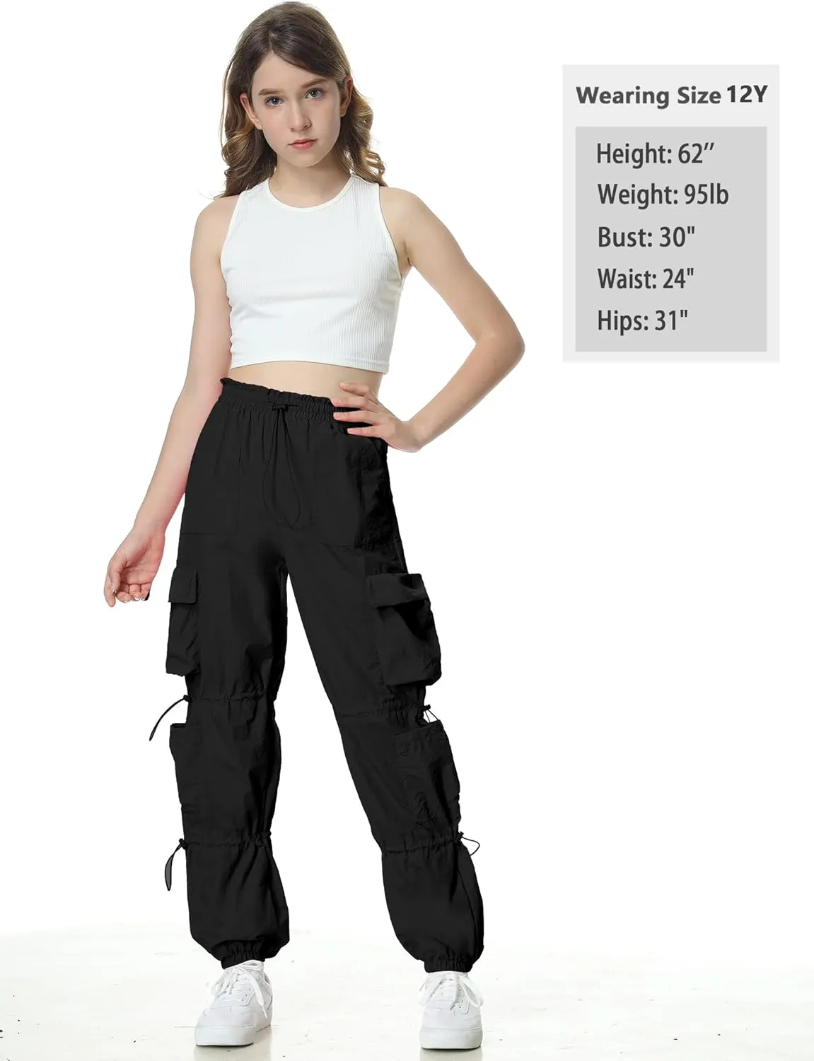 EXARUS Girls Parachute Pants Cargo Baggy Hip Hop Drawstring with Pockets Elastic Y2K for Kids 8-14Y