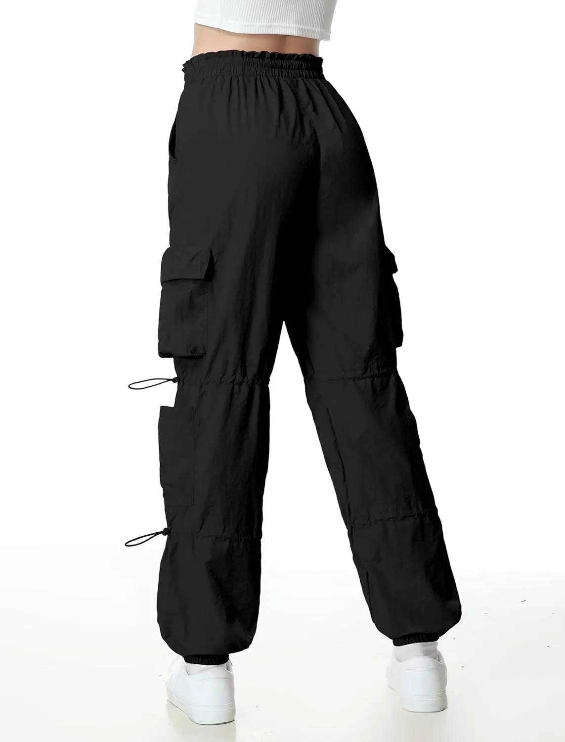 EXARUS Girls Parachute Pants Cargo Baggy Hip Hop Drawstring with Pockets Elastic Y2K for Kids 8-14Y