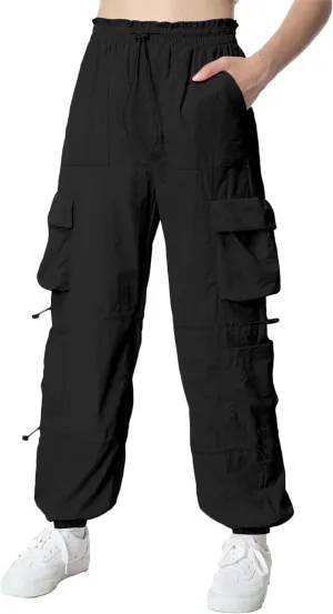 EXARUS Girls Parachute Pants Cargo Baggy Hip Hop Drawstring with Pockets Elastic Y2K for Kids 8-14Y