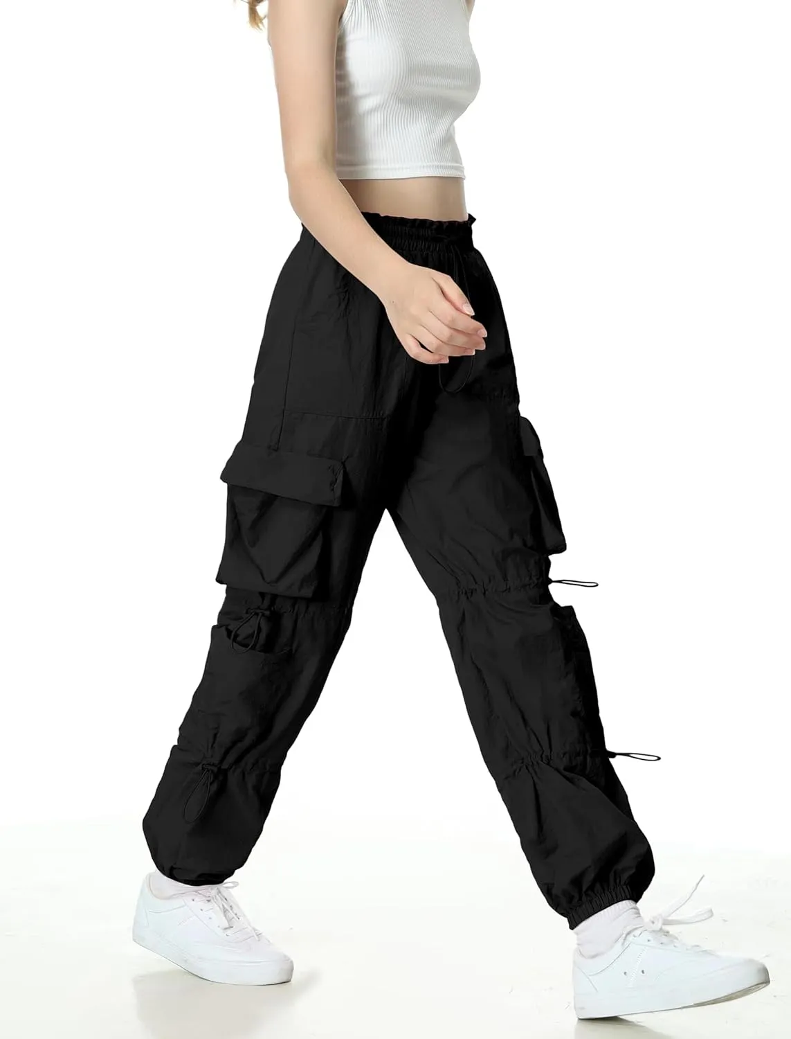 EXARUS Girls Parachute Pants Cargo Baggy Hip Hop Drawstring with Pockets Elastic Y2K for Kids 8-14Y