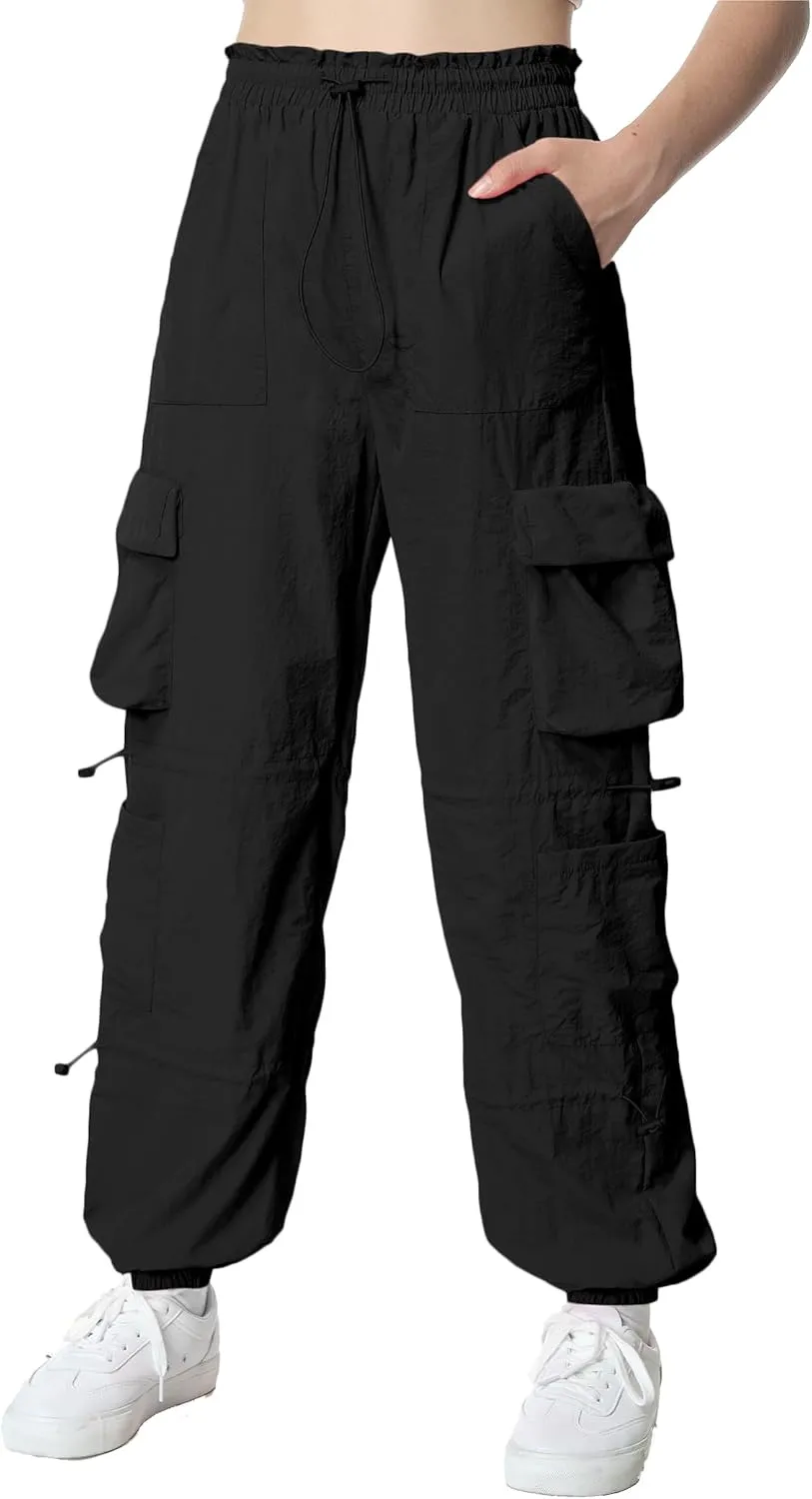 EXARUS Girls Parachute Pants Cargo Baggy Hip Hop Drawstring with Pockets Elastic Y2K for Kids 8-14Y