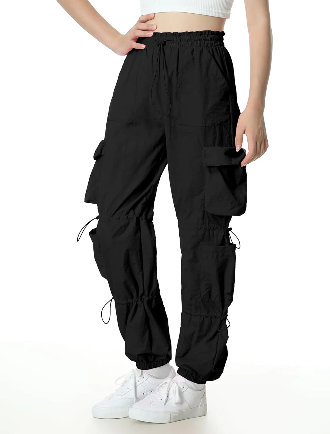 EXARUS Girls Parachute Pants Cargo Baggy Hip Hop Drawstring with Pockets Elastic Y2K for Kids 8-14Y