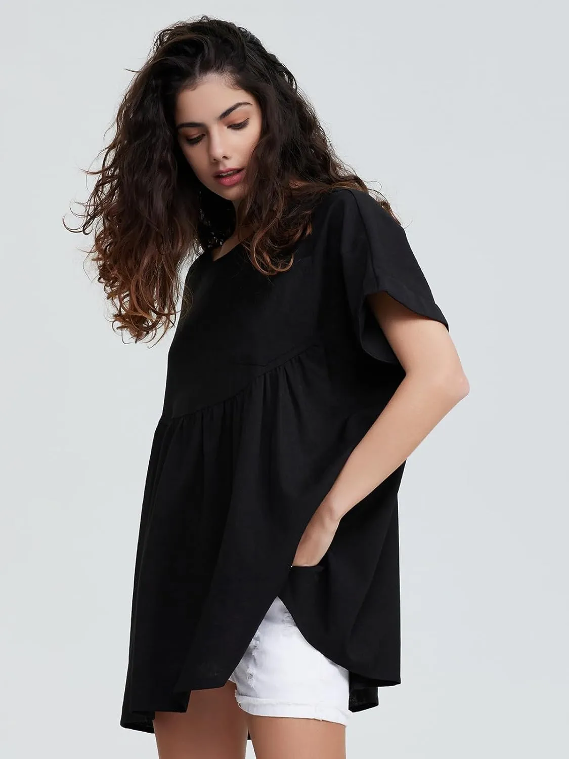 EXLURA Womens Short Sleeve Summer Tops Casual Loose Maternity Babydoll Peplum Tops Oversized Shirts Tunic 2025
