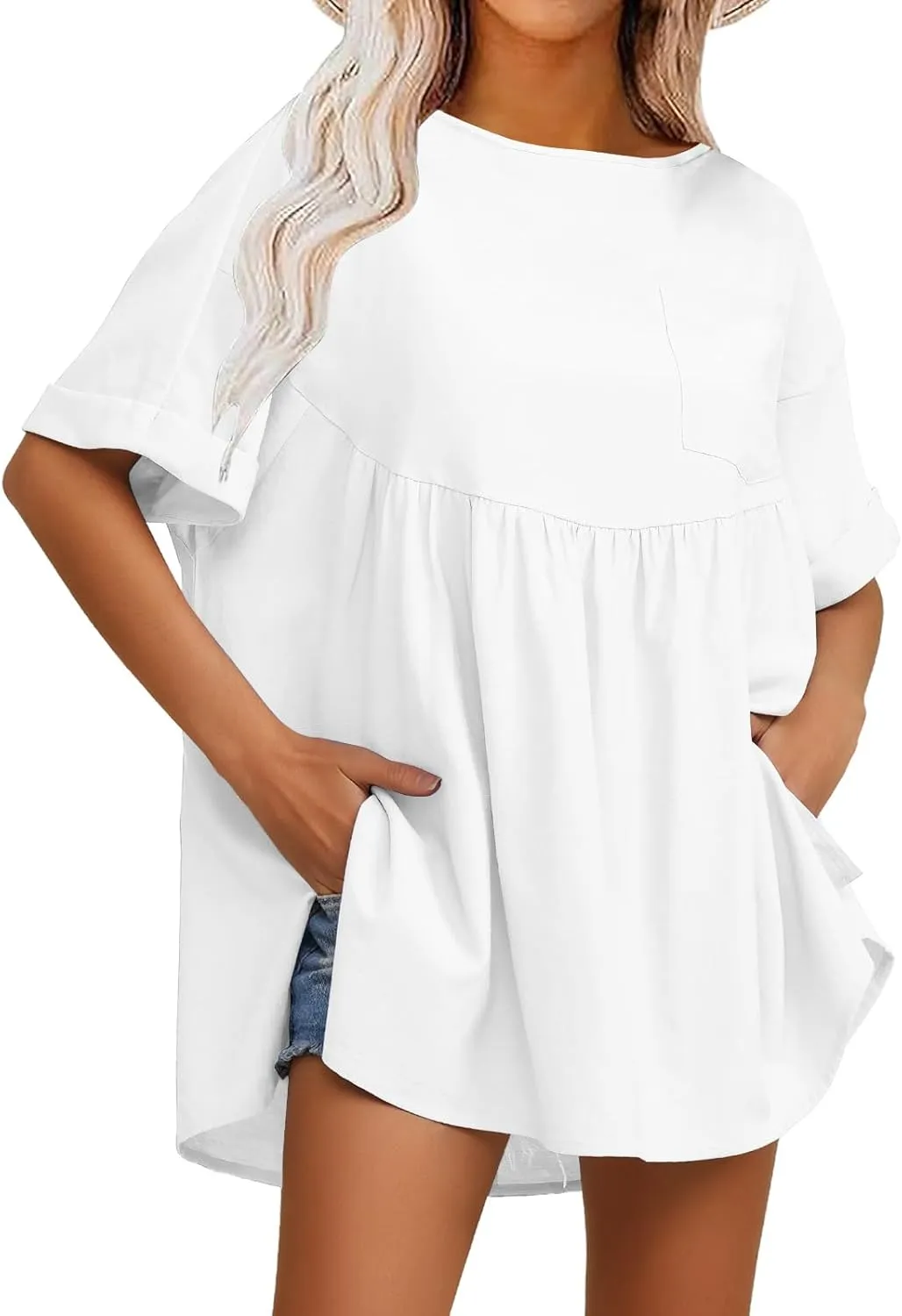 EXLURA Womens Short Sleeve Summer Tops Casual Loose Maternity Babydoll Peplum Tops Oversized Shirts Tunic 2025