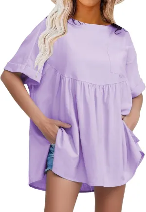 EXLURA Womens Short Sleeve Summer Tops Casual Loose Maternity Babydoll Peplum Tops Oversized Shirts Tunic 2025