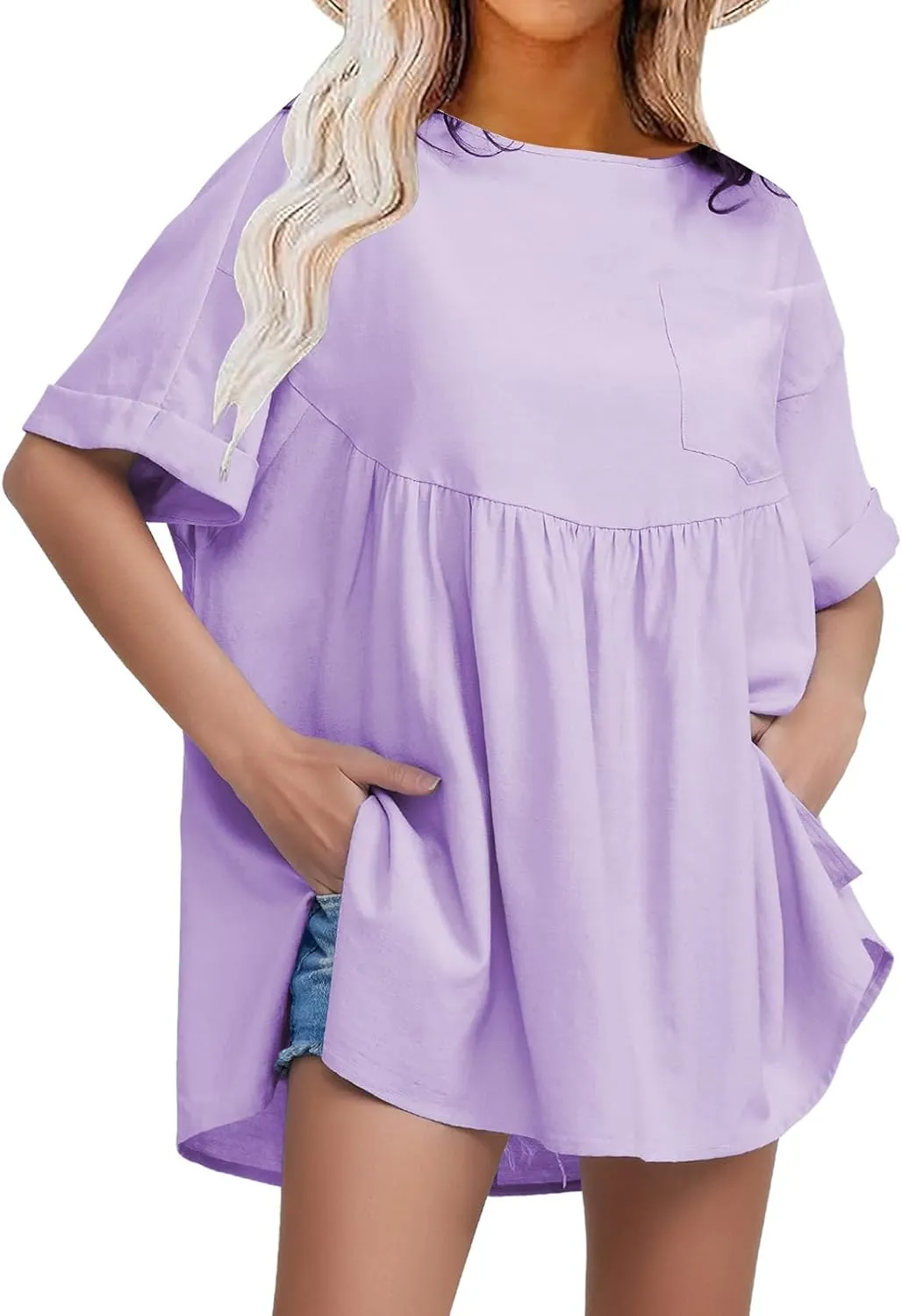 EXLURA Womens Short Sleeve Summer Tops Casual Loose Maternity Babydoll Peplum Tops Oversized Shirts Tunic 2025