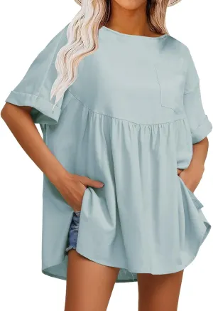EXLURA Womens Short Sleeve Summer Tops Casual Loose Maternity Babydoll Peplum Tops Oversized Shirts Tunic 2025