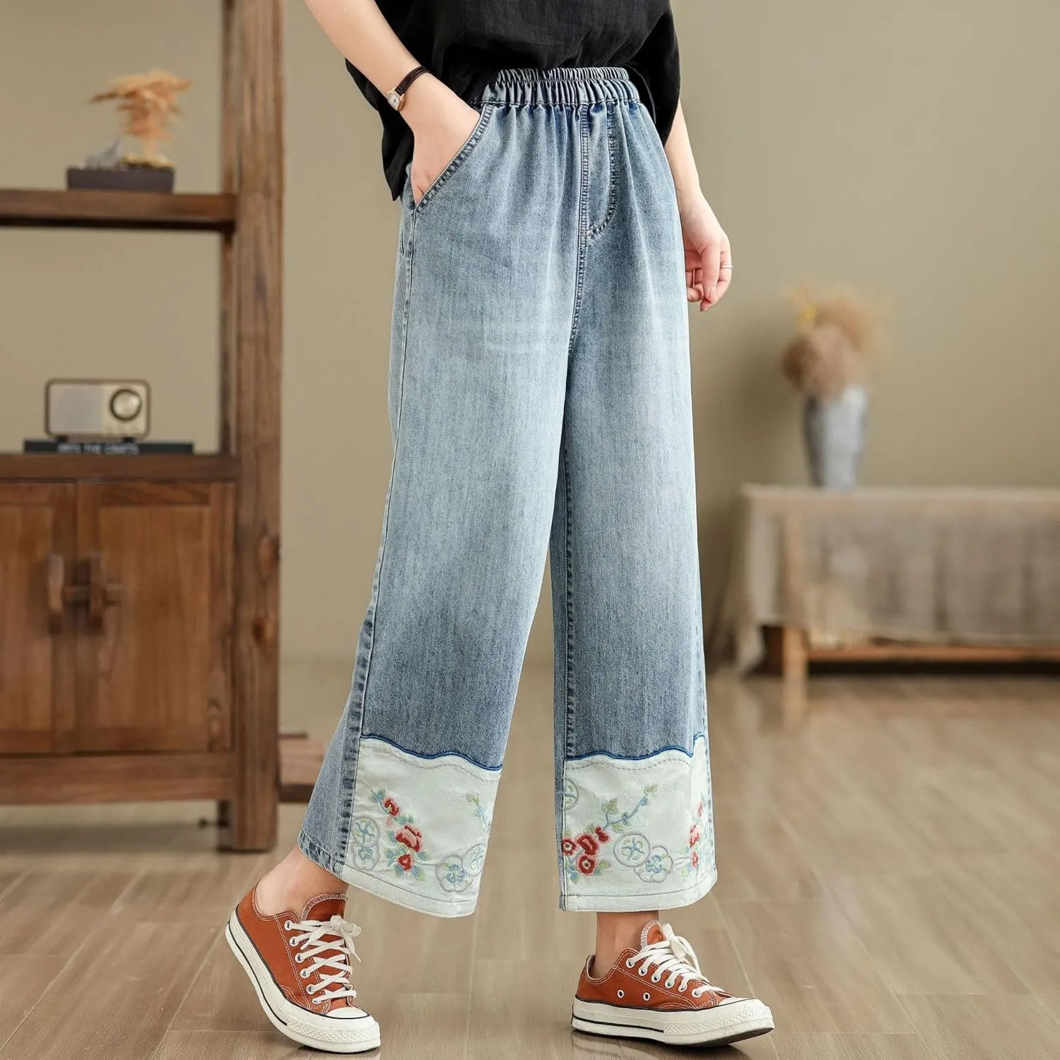 Fashion Spring Summer Ladies Ripped Loose Jeans Women Casual Embroidery Elastic Wide-Leg Denim Trousers