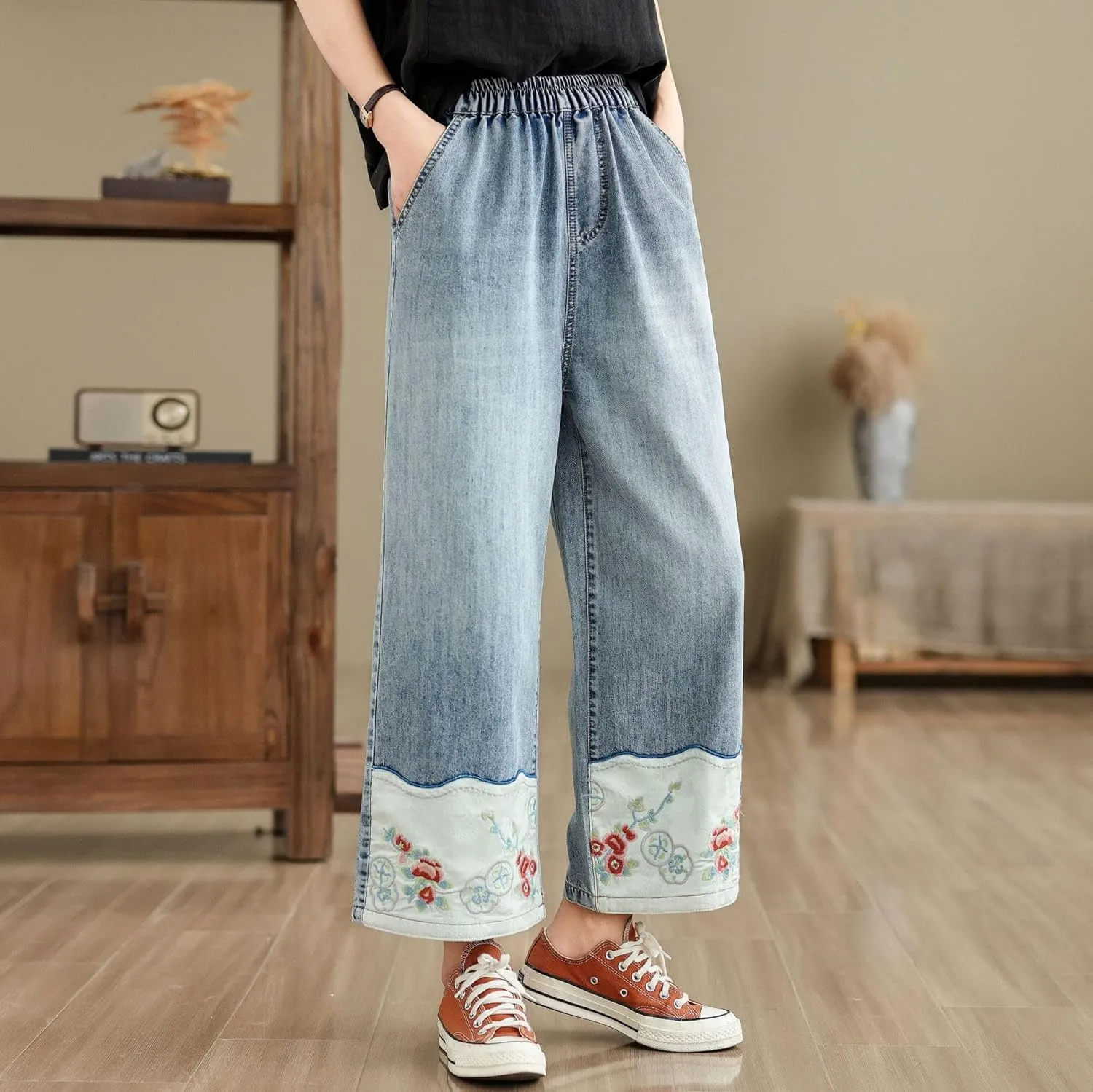 Fashion Spring Summer Ladies Ripped Loose Jeans Women Casual Embroidery Elastic Wide-Leg Denim Trousers