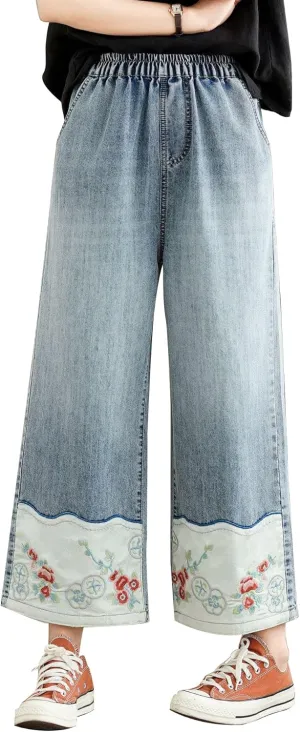 Fashion Spring Summer Ladies Ripped Loose Jeans Women Casual Embroidery Elastic Wide-Leg Denim Trousers