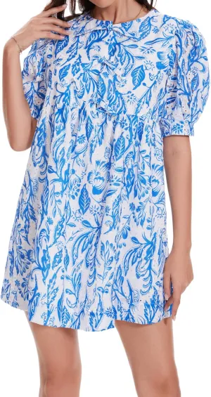 FENSACE Women's Floral Eyelet Babydoll Tie Front Puff Sleeve Cute Mini Dress