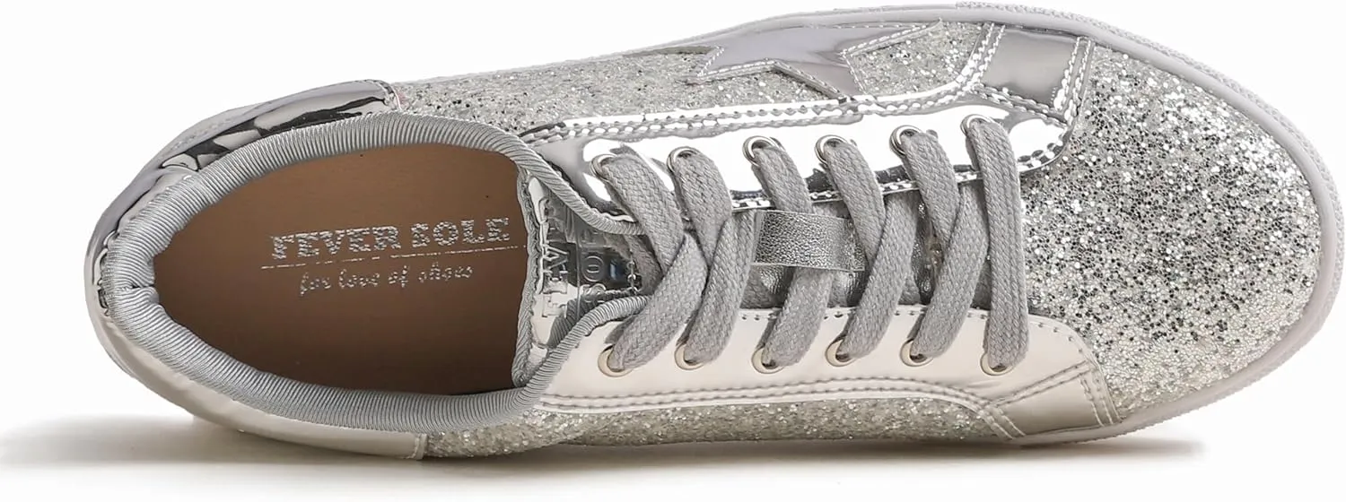 FEVERSOLE Women's Fashion Lace Up Dress Sneakers Sparkly Party Shiny Shoes