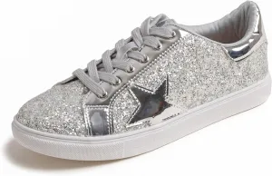 FEVERSOLE Women's Fashion Lace Up Dress Sneakers Sparkly Party Shiny Shoes
